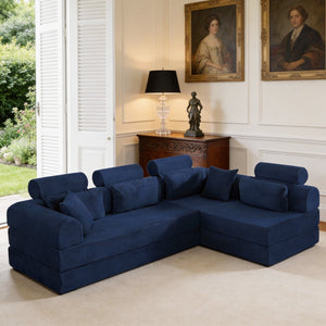 English Elm L Shaped Corduroy Sectional Sofa Converts to Sleeper Bed Space Saving Modular Couch Blue W5532S00008