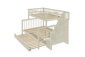 English Elm Twin Over Full Stairway Bunk Bed With Trundle & Storage – Stylish Cream Design For Kids & Teens K495S00004-GIGA