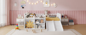 English Elm Twin Low Loft Kids Bed with Fun Slide Climbing Structure and Movable Bookshelf White W2593P437109