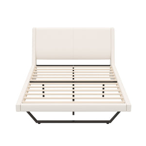 English Elm Queen Pu Leather Platform Bed Sculptural Wave Base Floating Silhouette Modern Bedroom White N761S0000031W
