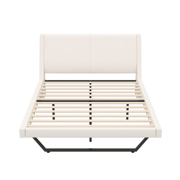 English Elm Queen Pu Leather Platform Bed Sculptural Wave Base Floating Silhouette Modern Bedroom White N761S0000031W