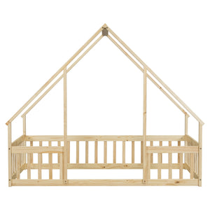 English Elm Twin Wood House-Shaped Floor Bed with Fence and Guardrails – Playful Pine Frame for Imaginative Kids Retreat Natural W504P143291