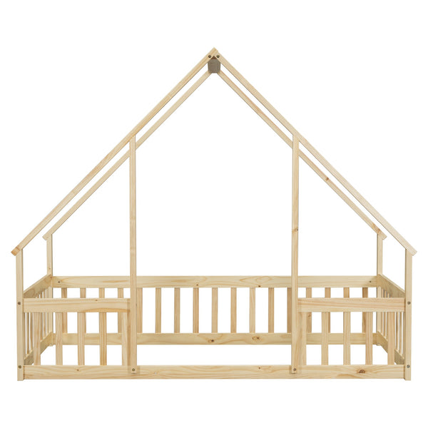 English Elm Twin Wood House-Shaped Floor Bed with Fence and Guardrails – Playful Pine Frame for Imaginative Kids Retreat Natural W504P143291