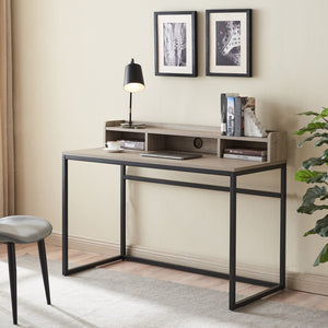English Elm 47" French Oak Writing Desk with Hutch Matte Steel Frame Modern Home Office Storage W3151P352767