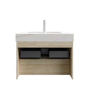 English Elm FRIGGA 30" Floating Bathroom Vanity with Calacatta Gold Sintered Stone Top, LED Sensor, Plywood Cabinet W2615S00293