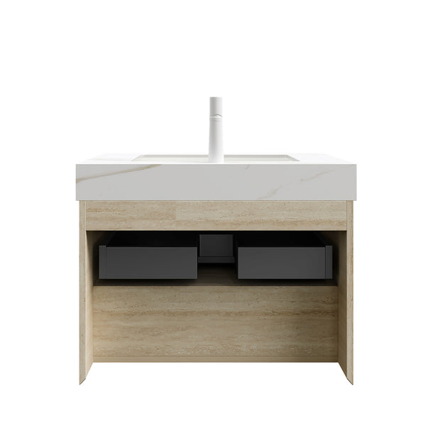 English Elm FRIGGA 30" Floating Bathroom Vanity with Calacatta Gold Sintered Stone Top, LED Sensor, Plywood Cabinet W2615S00293