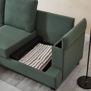 English Elm 86" Linen Sectional Sofa with Storage Ottoman Reversible Chaise for Small Spaces Dark Green W1669S00037