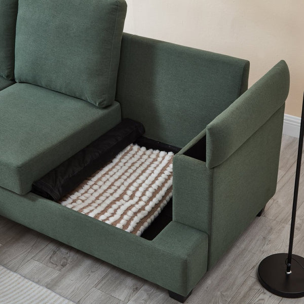 English Elm 86" Linen Sectional Sofa with Storage Ottoman Reversible Chaise for Small Spaces Dark Green W1669S00037