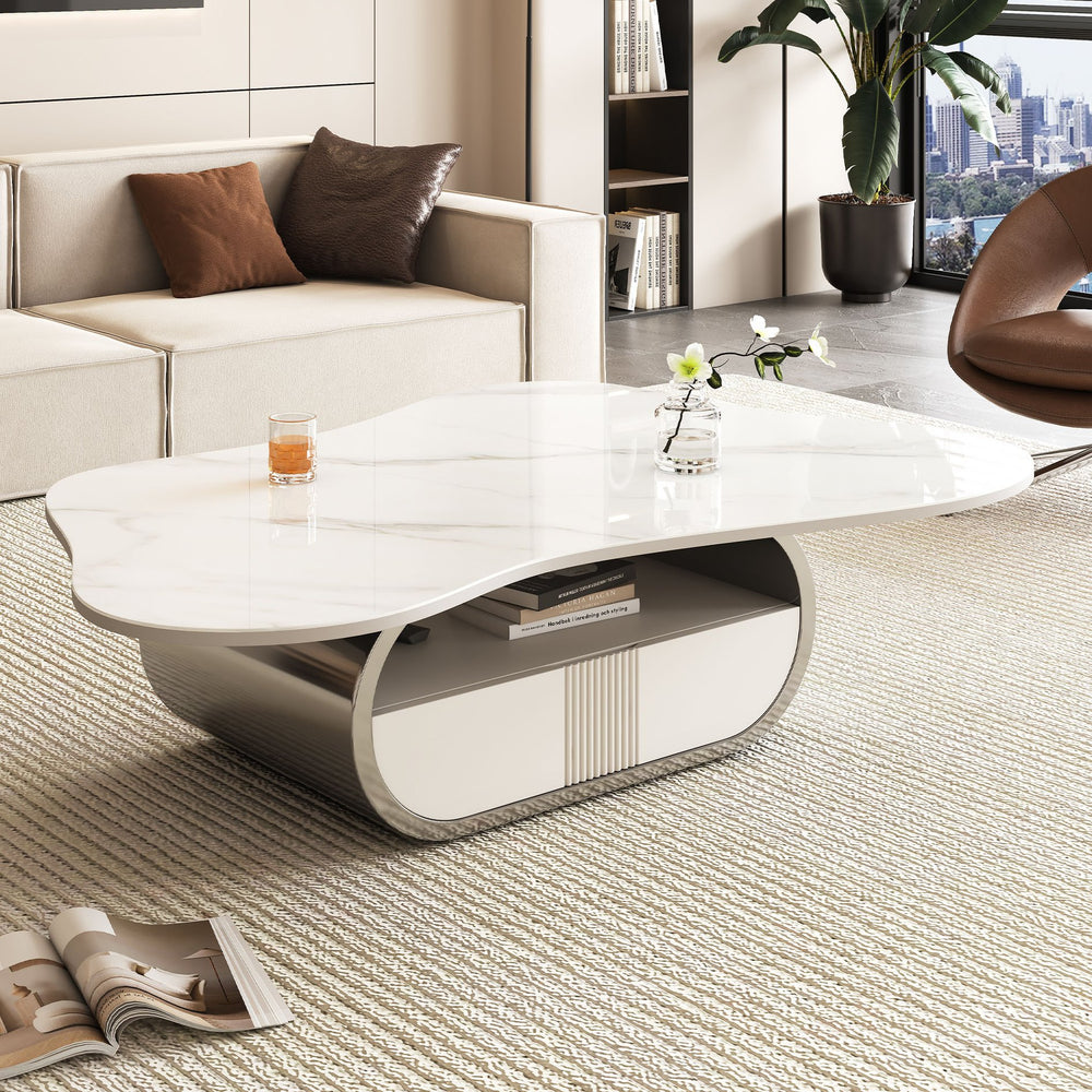 English Elm Modern Butterfly Coffee Table with Sintered Stone Top, Stainless Steel Base, Drawer & Shelf Storage Grey+White W3136S00017