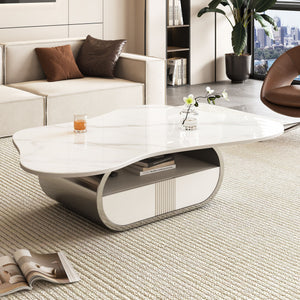 English Elm Modern Butterfly Coffee Table with Sintered Stone Top, Stainless Steel Base, Drawer & Shelf Storage Grey+White W3136S00017