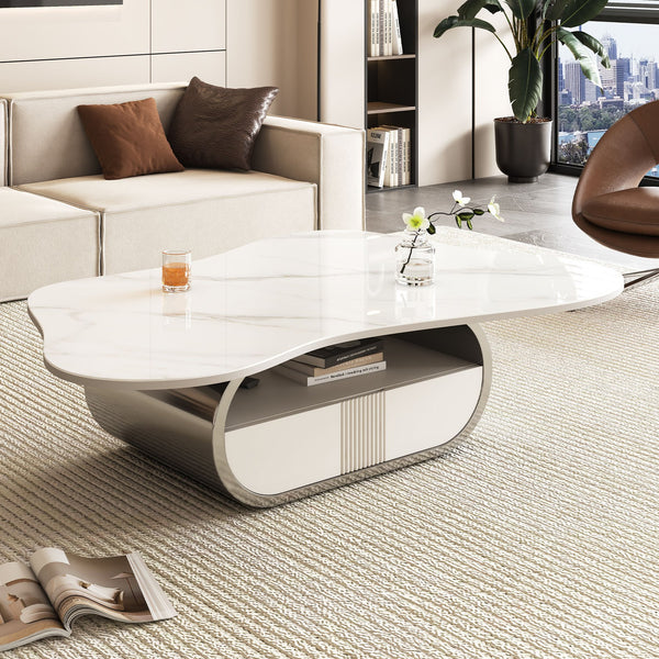 English Elm Modern Butterfly Coffee Table with Sintered Stone Top, Stainless Steel Base, Drawer & Shelf Storage Grey+White W3136S00017