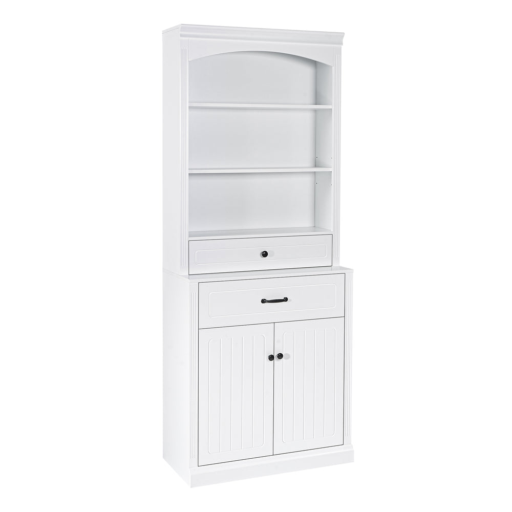 English Elm White Bathroom Storage Cabinet with Zinc Knob Doors, 4 Drawers, 6 Open Shelves & Adjustable Tiers for Organized Space (63"x10.8"x78.7") N725S252486K
