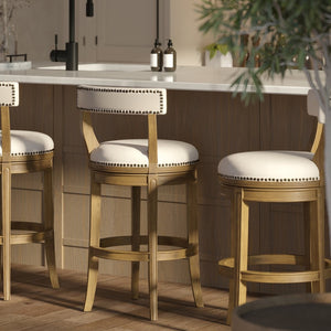 English Elm 31" Swivel Barstool Linen Upholstered Seat Nailhead Trim Warm Wood Kitchen Island Pecan B2751P436451