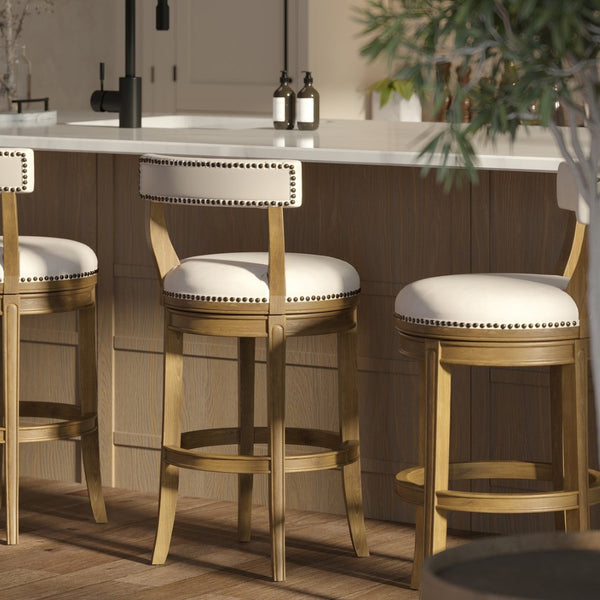 English Elm 31" Swivel Barstool Linen Upholstered Seat Nailhead Trim Warm Wood Kitchen Island Pecan B2751P436451