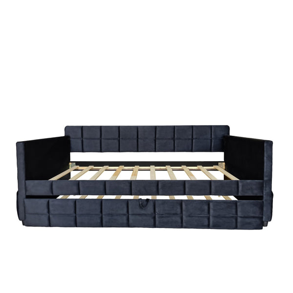English Elm Modern Velvet Twin Daybed with Pull Out Trundle and Built in Armrest Storage Pockets Black SF000200AAB