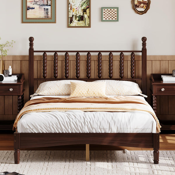 English Elm Full Full Size Wood Platform Bed with Gourd Headboard, Walnut Retro Charm, Solid Slat Support, 500LB Capacity N733P338317D