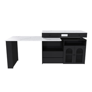 English Elm Kitchen Island Marble Veneer Retro Style Rotating Expandable Top Built-in Outlets Mdf Black W2700S00119