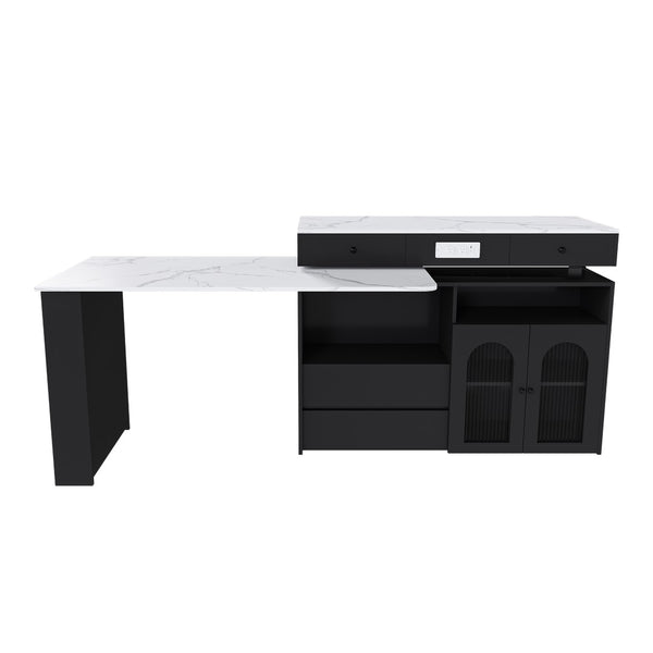 English Elm Kitchen Island Marble Veneer Retro Style Rotating Expandable Top Built-in Outlets Mdf Black W2700S00119