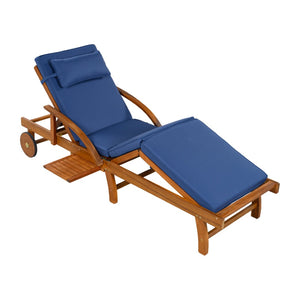 English Elm U_style Acacia Wood Outdoor Chaise Lounger with Reclining Backrest Cushions and Side Tray Navy Blue N711P415859C