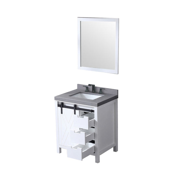 English Elm White Bath Vanity Set With Grey Quartz Countertop, Matte Black Faucet & 28" Mirror For Modern Style B2731S01272-GIGA