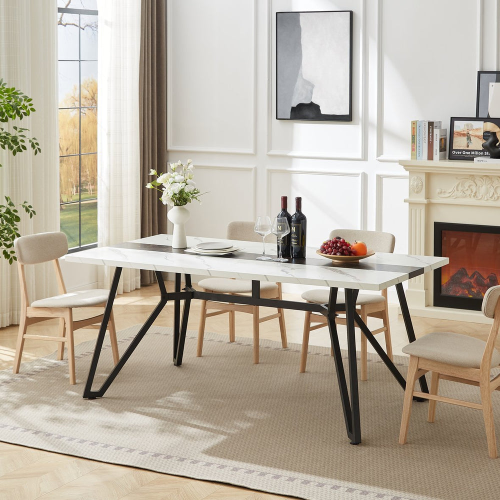 English Elm 70.9"Rectangular Modern Marble Grain Dining Table with Adjustable Steel Legs, Sturdy 330LB Load Capacity White+Black W1668P278055