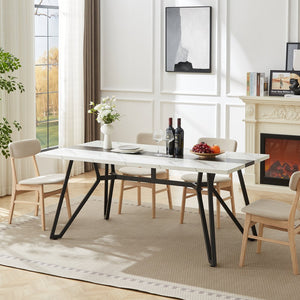 English Elm 70.9"Rectangular Modern Marble Grain Dining Table with Adjustable Steel Legs, Sturdy 330LB Load Capacity White+Black W1668P278055