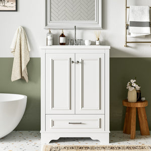 English Elm 24'' Bathroom Vanity with Ceramic Sink Combo Modern Freestanding MDF Cabinet with Soft-Close Doors and Sleek Silver Handles for Spacious Organized Bathroom Storage White N710P194893K
