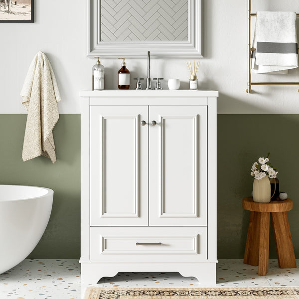 English Elm 24'' Bathroom Vanity with Ceramic Sink Combo Modern Freestanding MDF Cabinet with Soft-Close Doors and Sleek Silver Handles for Spacious Organized Bathroom Storage White N710P194893K