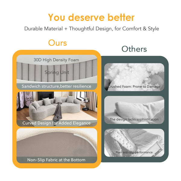 English Elm Curved Boneless Sofa modular 110" sectional with high-density foam & spring core, kid‑friendly curves, no assembly required for easy moving and cozy lounging Grey W2231S00007