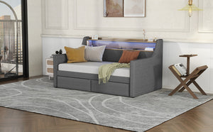 English Elm Twin Size Daybed With Built-In Storage, Charging Station & Led Lights - Stylish Gray Upholstered Design W1580S00060-GIGA