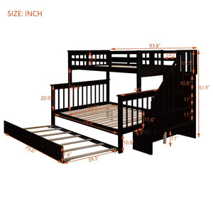 English Elm Stairway Twin Over Full Bunk Bed with Trundle Stair Storage and Guard Rail Espresso LT000119AAP-1