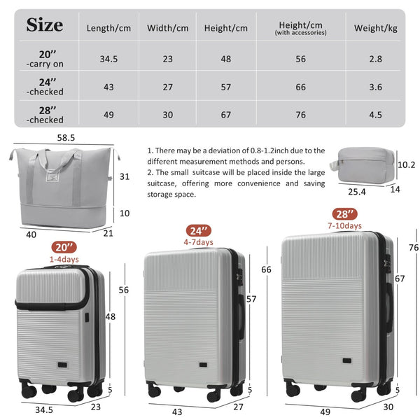 English Elm Luggage 5 Piece Hardside Abs Set with Front Access Carry on and Tsa Spinner Wheels Silver N732P391579D