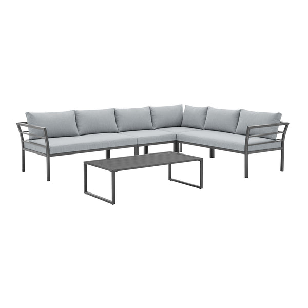 English Elm Sunnyside Outdoor 5-Piece Conversation Set Seats 6 with Waterproof Cushions, UV-Resistant Steel Frame and Slatted Coffee Table Grey B365S00104
