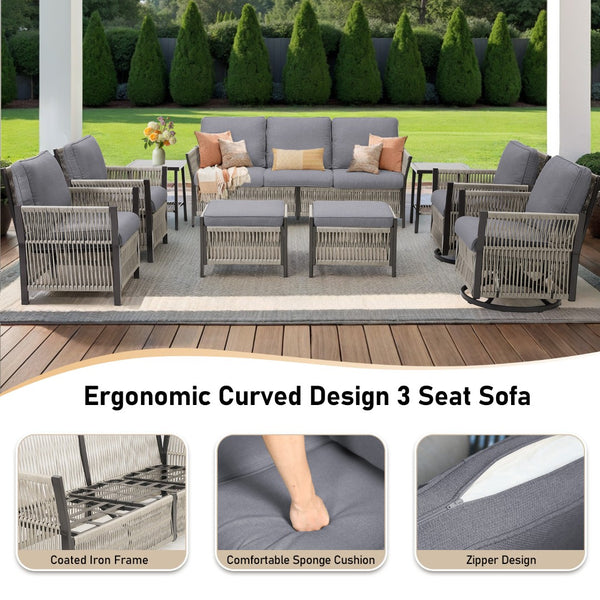 English Elm 73.2" Outdoor Handwoven Rattan 3 Seat Sofa with Olefin Cushions for Porch or Patio T3773P419402