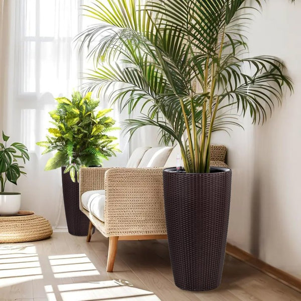 English Elm Set of 2 Faux Rattan Tall Outdoor Planters with Auto Watering and Water Level Monitor Brown W3213P325374