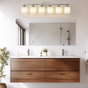 English Elm 38" 6-Light Chrome Vanity Light with Milky White Glass Shades, Dimmable Hardwired Wall Sconce for Bathroom Mirrors and Dressing Areas W2312P374853