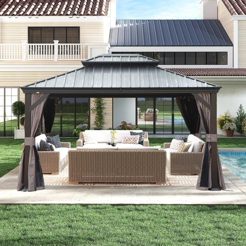 English Elm 13x13ft Hardtop Gazebo Galvanized Steel Vented Double Roof with Curtains Netting Patio Brown W1859S00200