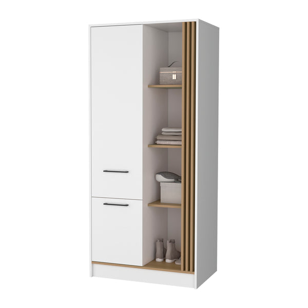 English Elm Pekin Modern Wardrobe Organizer with Double Doors, Shelves, Hanging Rod and Closed Storage Oak B128S00177