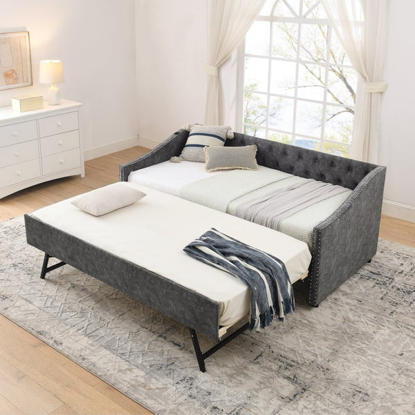 English Elm Twin Daybed with Pull Out Trundle Usb Charging Tufted Upholstered Sofa Guest Bed Grey W1413S00157