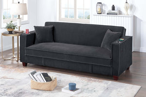 English Elm 1pc Corduroy Convertible Sofa with Storage Base Usb Port Cup Holders Wood Legs Black B011P430418