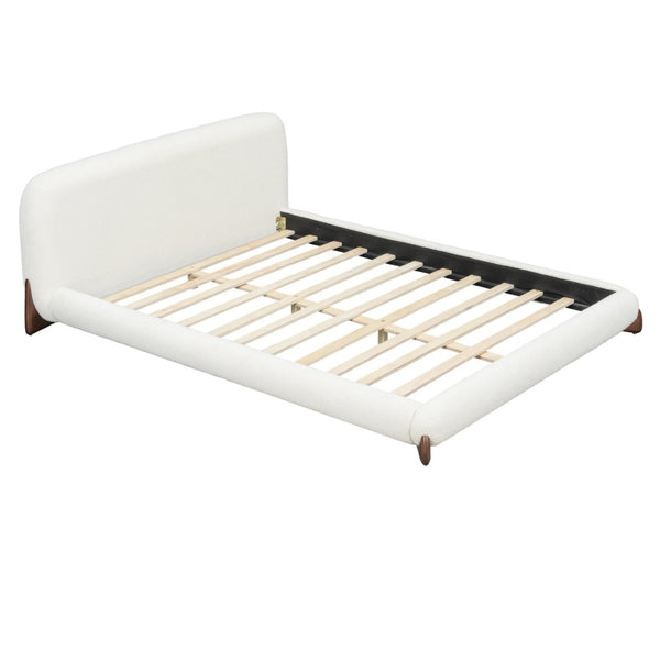 English Elm Queen Boucle Platform Bed Curved Padded Headboard Solid Wood Legs Modern Bedroom N757Q333874W