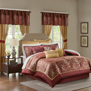 JLA Home Madison Park Essentials - 24 Paisley Jacquard Room Set - 24-Piece Red, Gold & Brown Bedding Ensemble with Curtains, Sheets, Pillows MPE10-635
