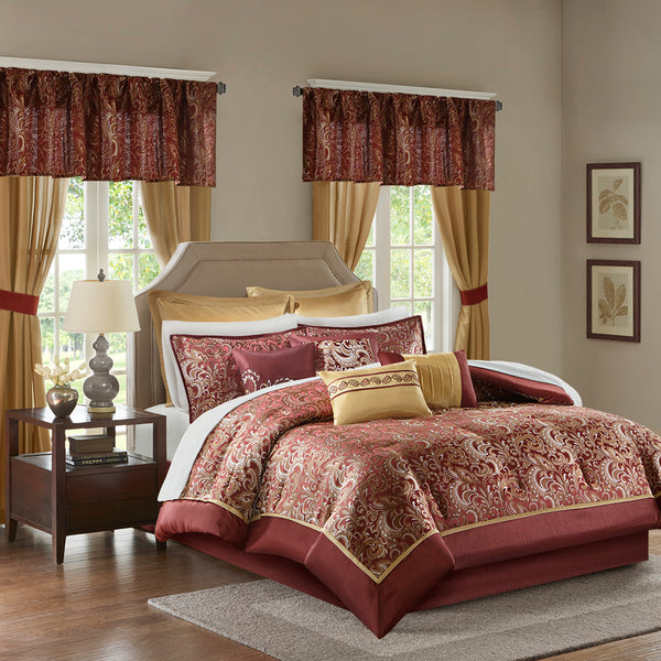 JLA Home Madison Park Essentials - 24 Paisley Jacquard Room Set - 24-Piece Red, Gold & Brown Bedding Ensemble with Curtains, Sheets, Pillows MPE10-635