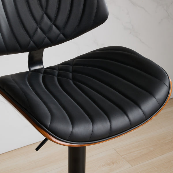 English Elm Walnut Mid-Century Bentwood Swivel Bar Stool — Ergonomic Faux Leather Seat, Wide Stable Base Black PU W1143P173514