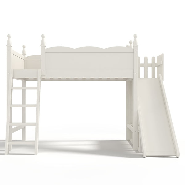 English Elm Twin Loft Bed Solid Pine Frame with Wardrobe Shelving Detachable Slide Kids Room Beige W5305S00018