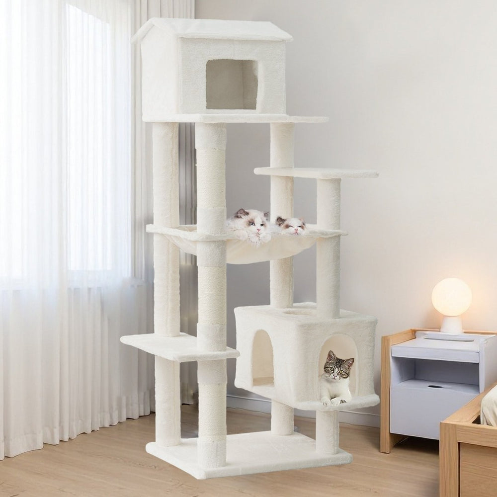 English Elm Beige Plush Multi-cat Tower with Sisal Posts Hammock and Enclosed Hideaway 64in Beige W243P326764
