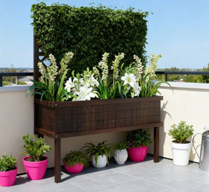 English Elm Self-draining Elevated Fir Wood Planter with Lattice Trellis for Backyard Gardens T3971P422347