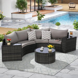 English Elm Outdoor Half Moon Sectional Set 7 Piece Rattan Sofa with Tempered Glass Coffee Table Light Gray W874S00042