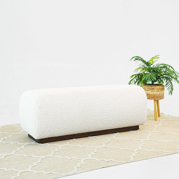 English Elm Ashcroft Furniture - Kelvin Ivory Boucle Bench with Teak Frame — Japanese Minimalist Mid-Century Seat, Storage, Versatile Decor Appeal B183P281176