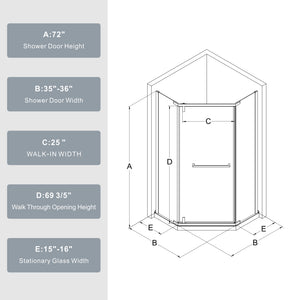 English Elm Goodyo Neo-Angle Frameless Shower Door 36x36x72 Corner Enclosure with 1/4" Tempered Glass, Matte Finish, 304 Stainless Hardware, Easy-Clean Chrome D163107682